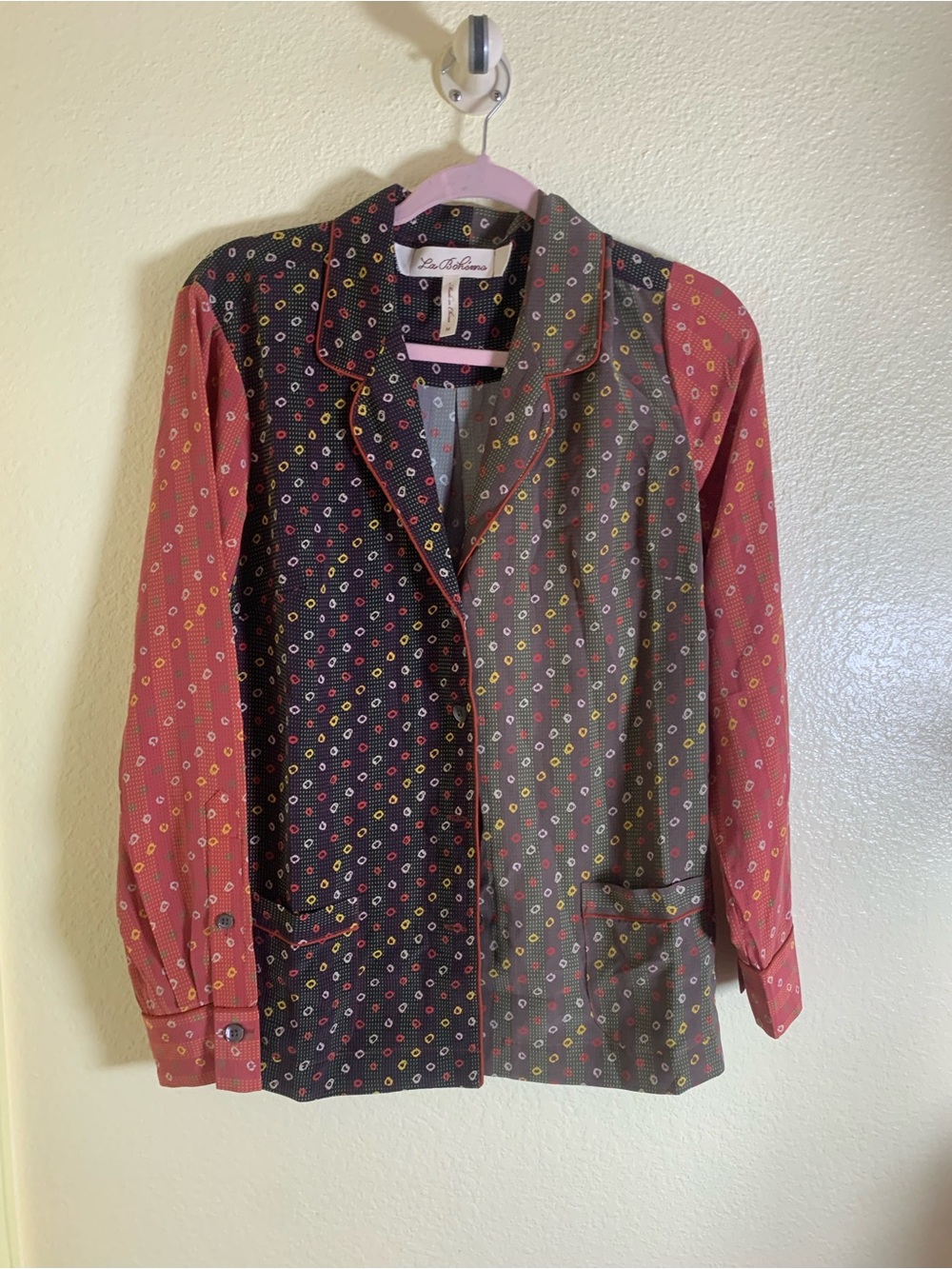 NWOT La Boheme Multicolor Dot Print Blazer Jacket with Red Sleeves